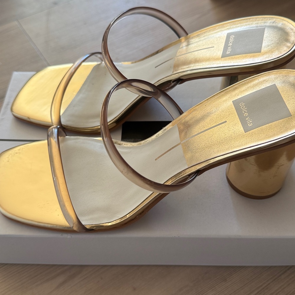 Dolce Vita Clear Strap Block Heel Sandals | Gold Heel
